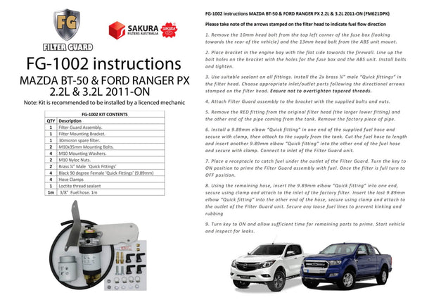 Sakura Filter Guard - Diesel Pre Filter Kit - Ranger BT50 2011 on 3.2 & 2.2