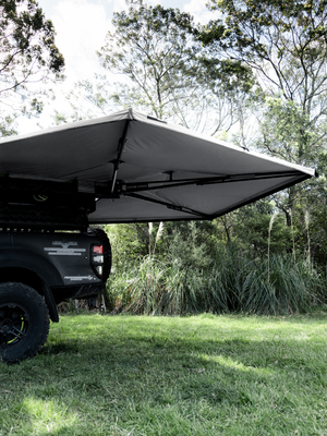 Lucas Creek 270 Fantail Free standing awning underside showing truss arms and lights 