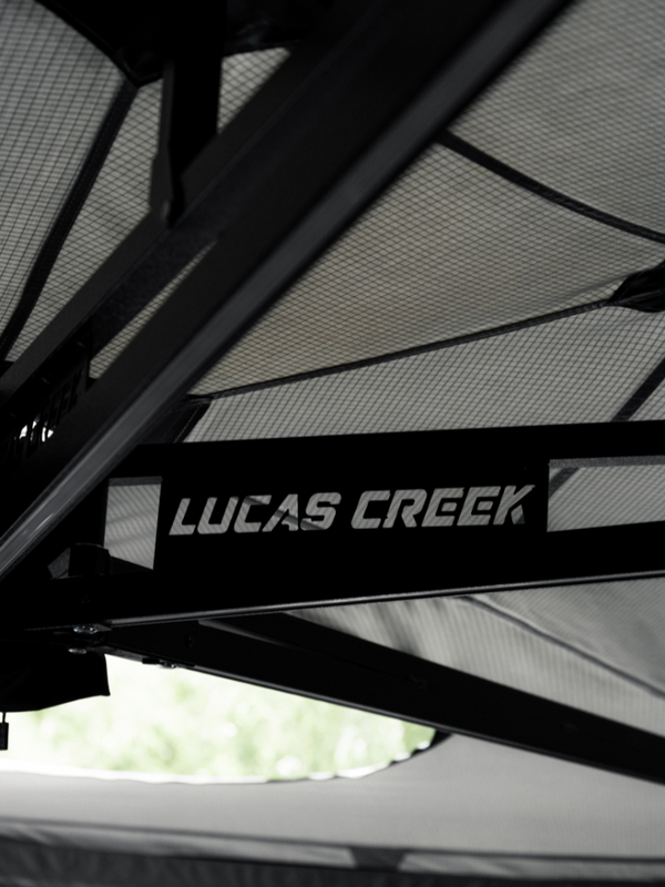 Lucas Creek 270 Freestanding awning double truss arms with logo 