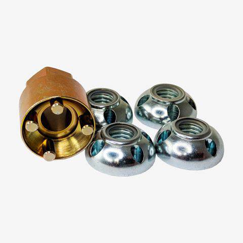 Lock nuts and matching key with four half dome nuts to protect one set of lights. To suit RMDL and XGT driving lights