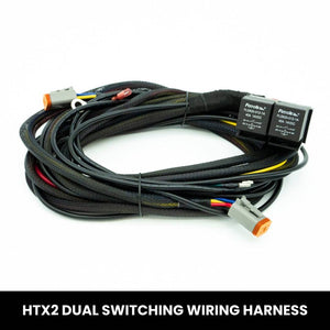 Dual Switching Harness for HTX2 and HTX - Complete with 4 pin Deutch style connectors, HB3 and H4 patch harness connectors, switch and accessories