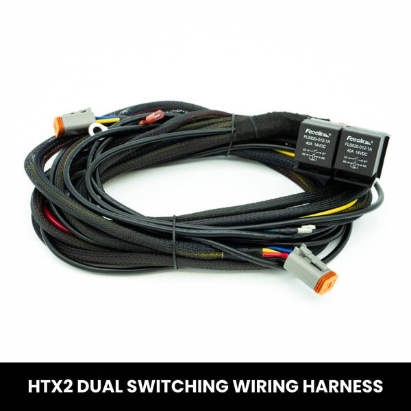 Dual Switching Harness for HTX2 and HTX - Complete with 4 pin Deutch style connectors, HB3 and H4 patch harness connectors, switch and accessories