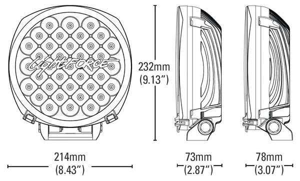 Lightforce Genesis dimensions: 214 mm wide, 232 mm tall, 73 mm and 78 mm deep
