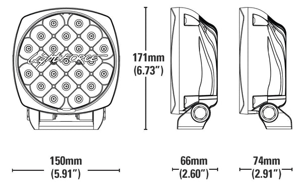 Lightforce Venom 150 mm dimensions: 150 mm wide, 171 mm tall, 66 mm and 74 mm deep
