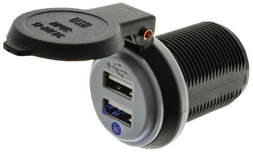 DUAL USB SOCKET 2.4a EACH PORT TOTAL 4.8a PLASTIC CAP BLU LED